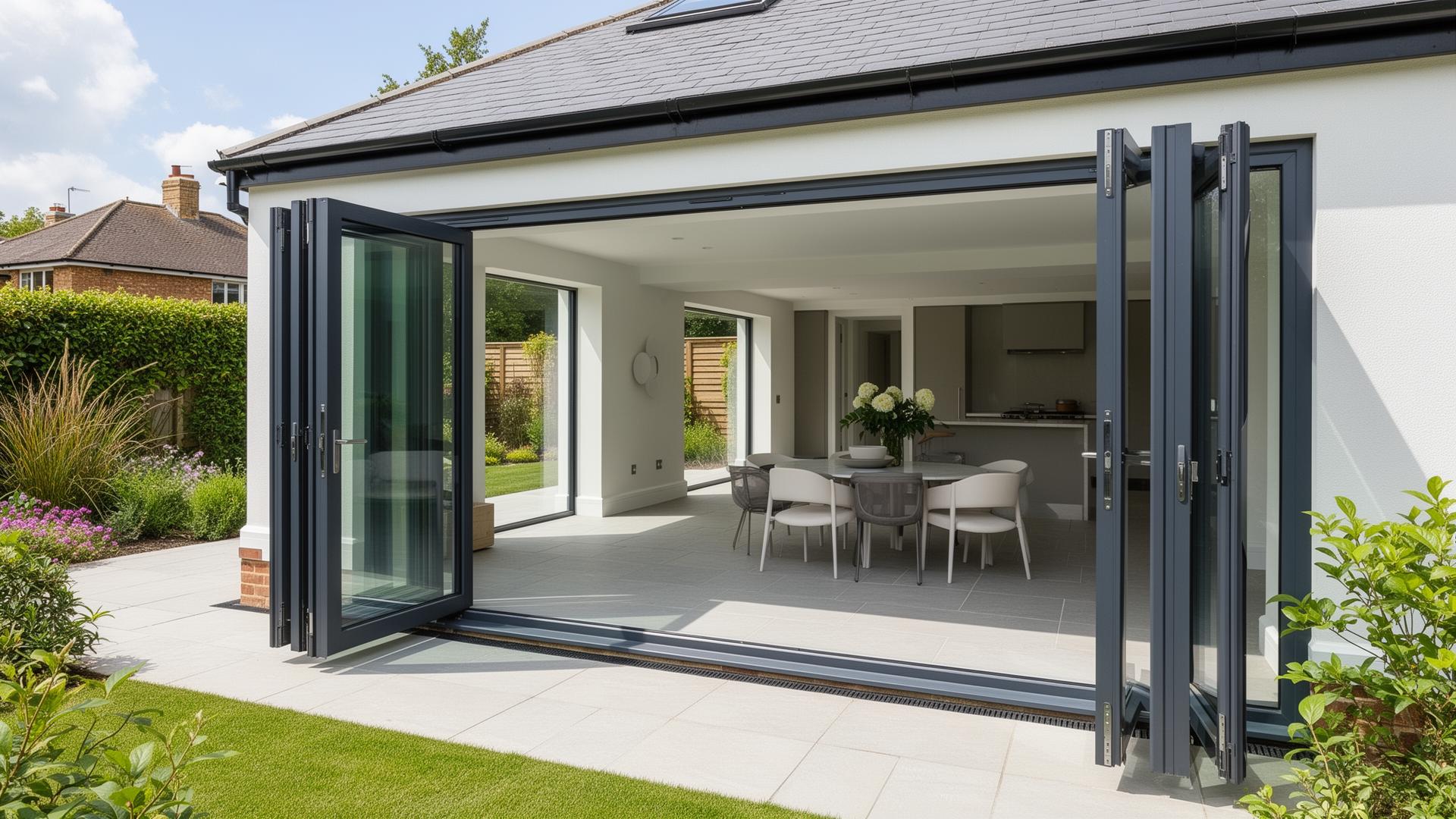 Aluminium bifold doors opening to a garden